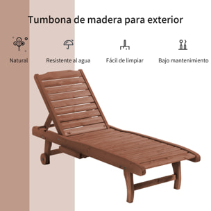 Tumbona de Madera Exterior Silla Reclinable de Jardín con 2 Ruedas Respaldo Ajustable en 3 Niveles y 1 Bandeja Carga 113 kg para Terraza Patio Natural