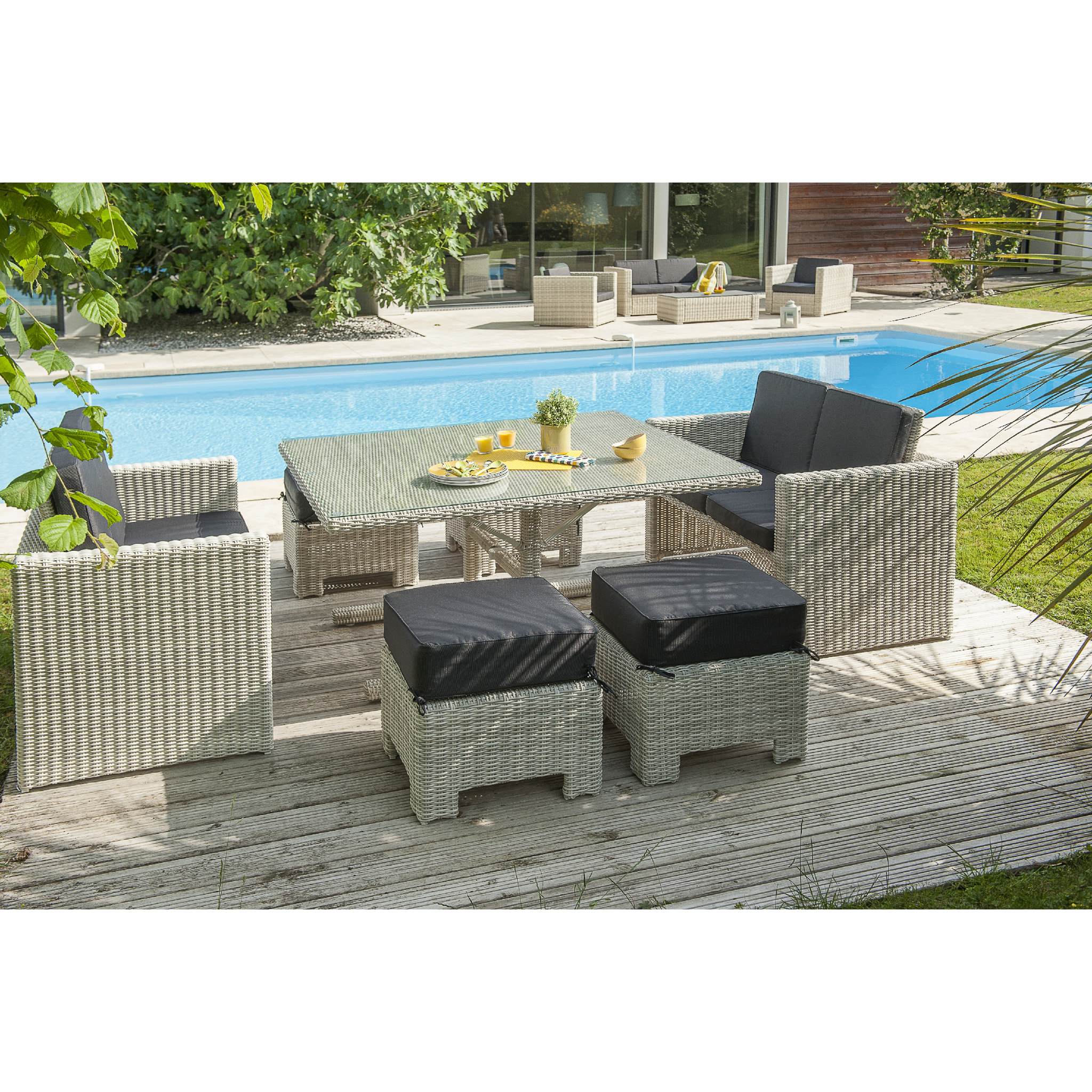 OCEANE - Ensemble repas de jardin encastrable 8 places en résine tressée crème