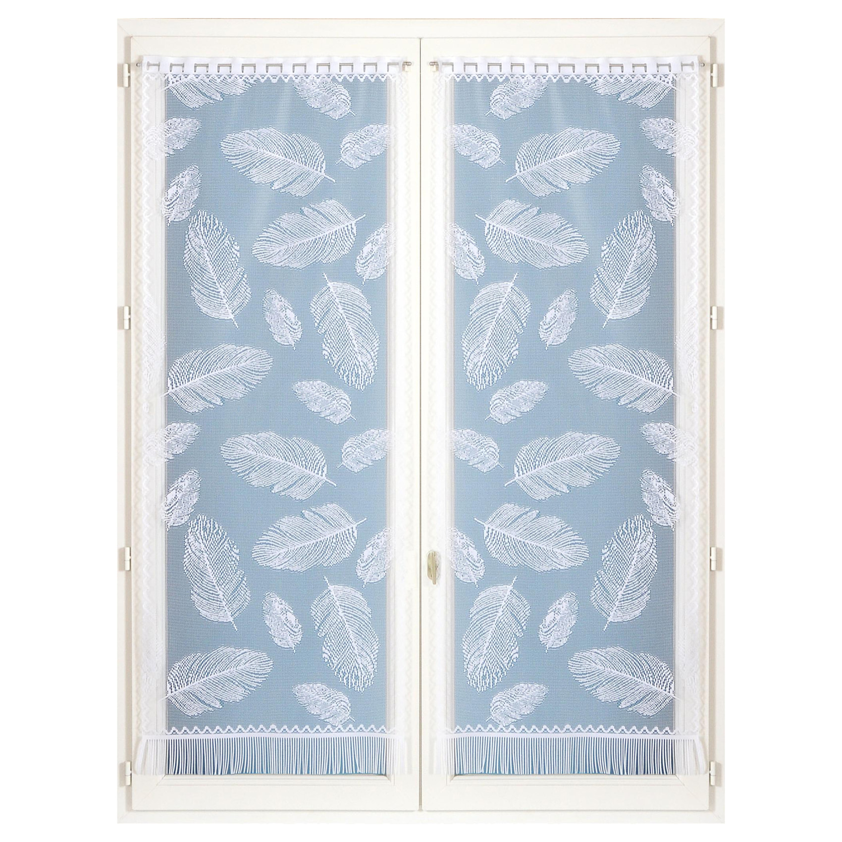 Paire de vitrages frangés en dentelle motif plumes - Blanc