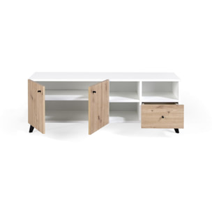 Mueble TV HANOVER - 2 puertas, 3 huecos y 1 cajón - roble y blanco polar - 140x40x50cm