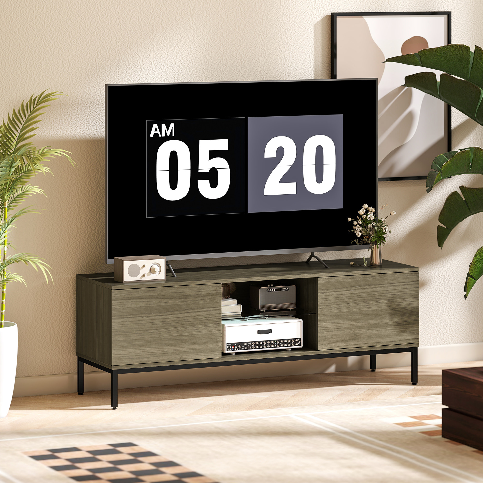 Meuble TV banc TV 2 portes étagère verre 140x40x49cm piètement acier noir effet bois gris