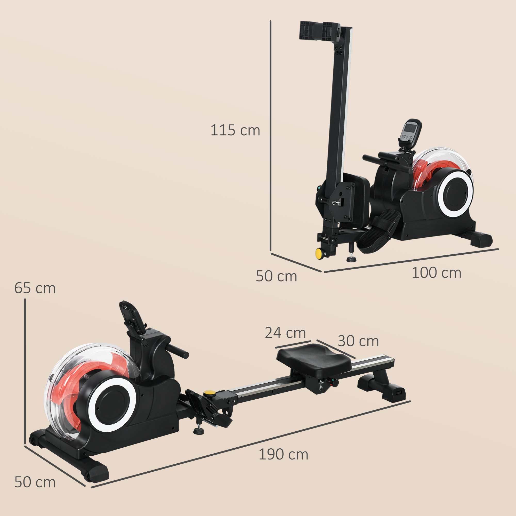 Máquina de Remo con 6 Niveles de Resistencia al Agua Máquina de Remo para Casa Plegable con Pantalla LCD Ruedas Máquina de Remar para Entrenaminto en Gimnasio Negro