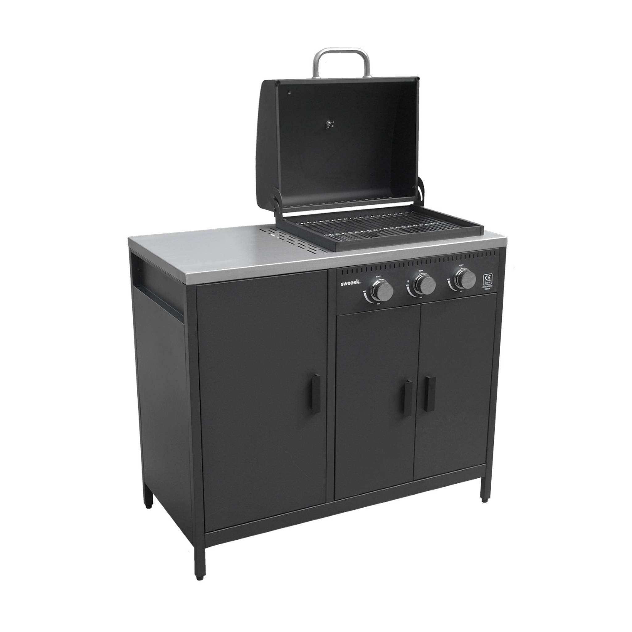 Barbecue gaz 3 brûleurs . noir. 3 portes et 2 espaces de rangement