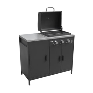 Barbecue gaz 3 brûleurs . noir. 3 portes et 2 espaces de rangement