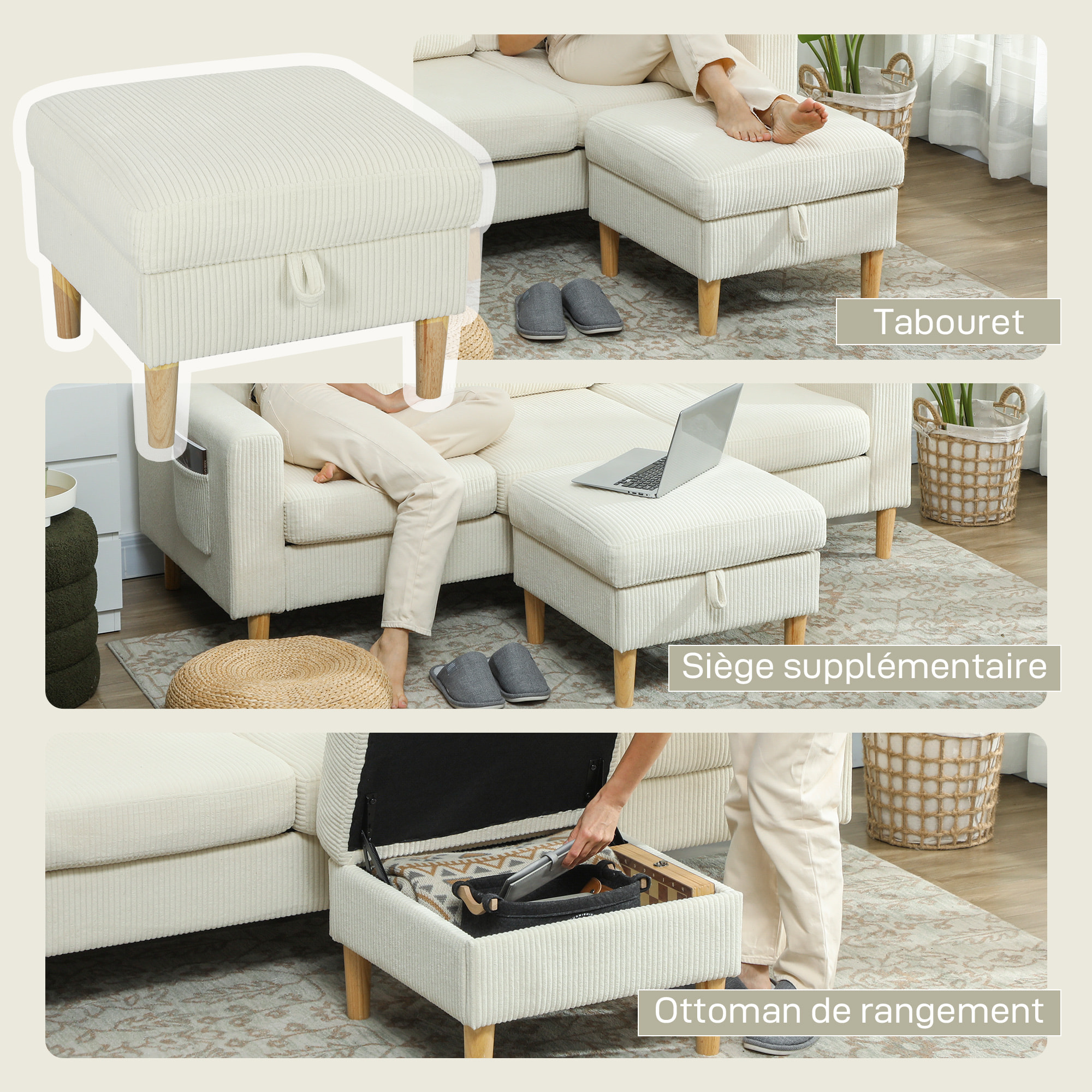 Canapé 3 places velours côtelé style nordique avec repose-pieds coffre coussins déhoussables beige clair