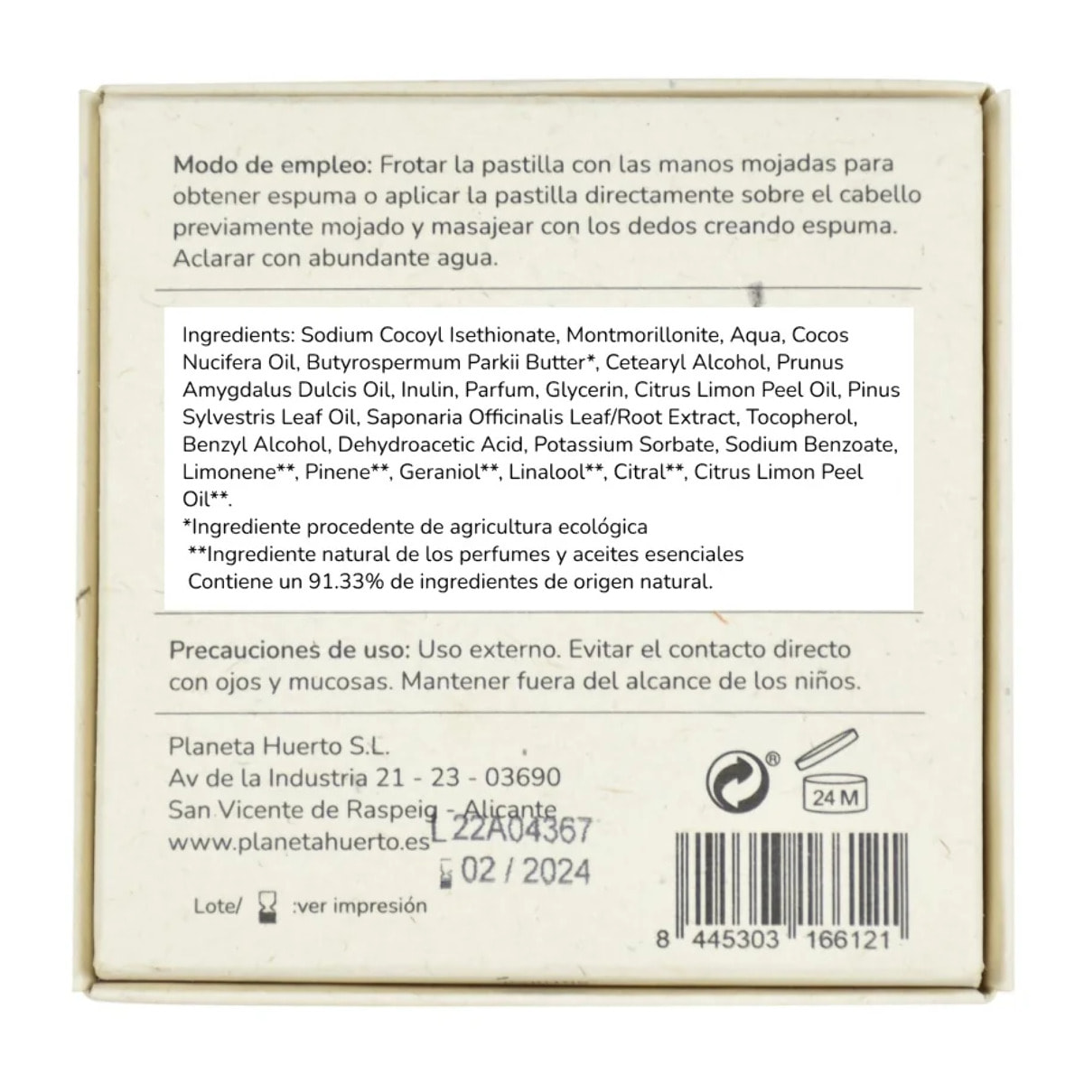 Champú sólido reparador coco y almendra Planeta Huerto 85 g