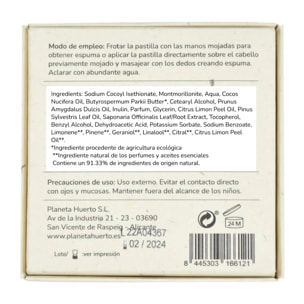 Champú sólido reparador coco y almendra Planeta Huerto 85 g