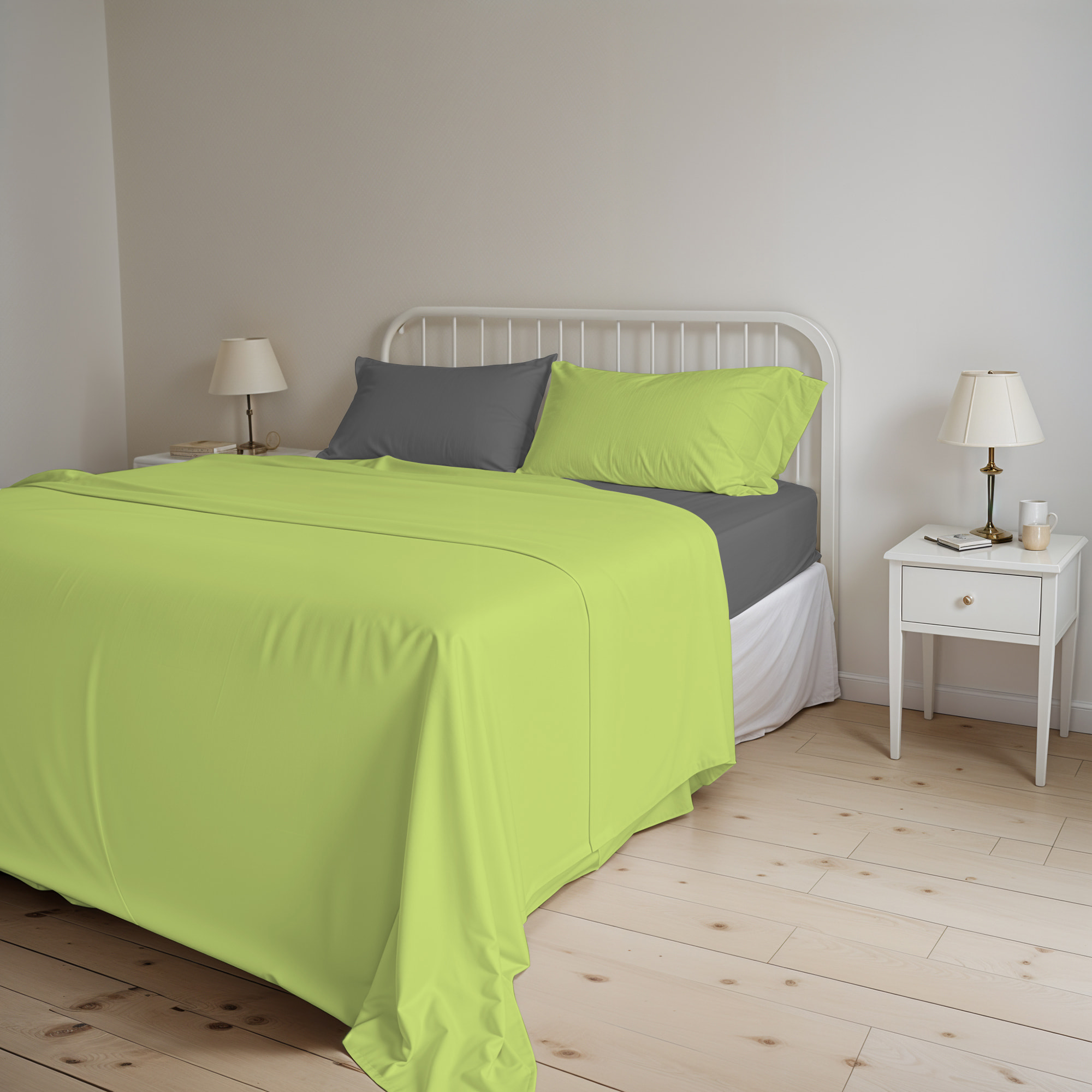 COMPLETO LETTO NATURAL COLOR, 100% Cotone, Made in Italy - VERDE ACIDO/FUMO