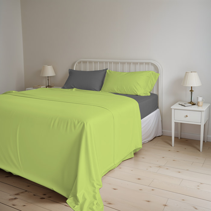 COMPLETO LETTO NATURAL COLOR, 100% Cotone, Made in Italy - VERDE ACIDO/FUMO