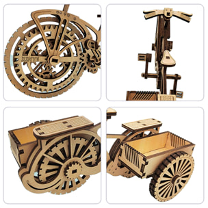 Maqueta de Madera 3D, con movimiento mecánico diseño de Tarjetero Triciclo. 72 piezas.