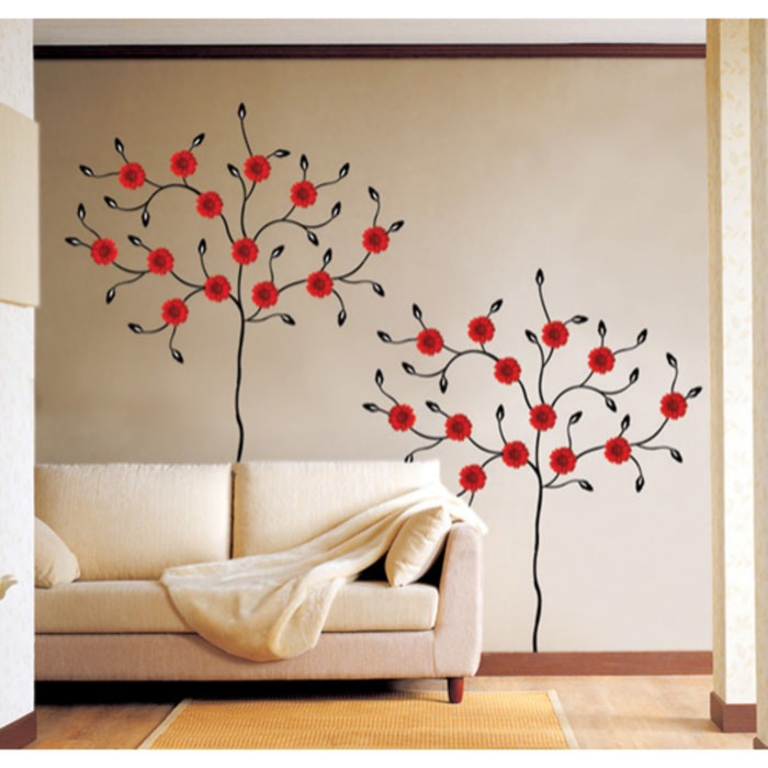 Stickers Muraux décoration adhésifs Arbre fleurs gerbera rouges