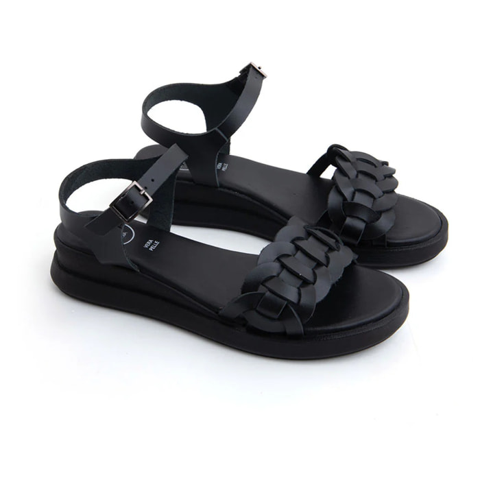 Sandalo platform urban wave in vera pelle - NERO