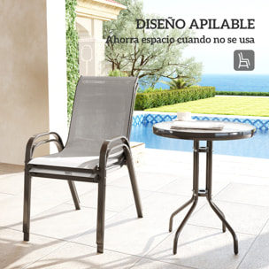 Conjunto de Mesa y Sillas de Terraza Exterior de 3 Piezas, Muebles de Jardín Exterior con Sillas Apilables, Encimera de Vidrio y Estructura de Acero, para Patio, Gris Claro