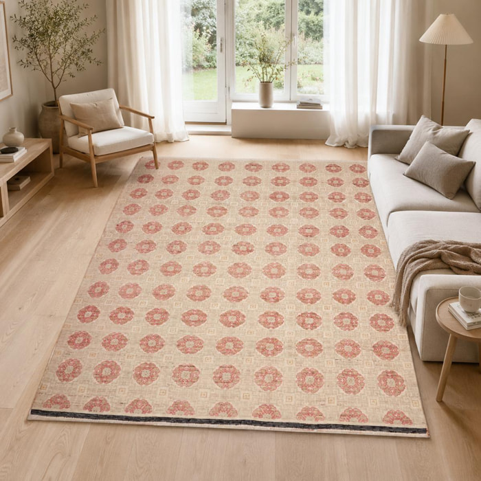 Tapis salon, motif nature floral, artisanal noué main en laine