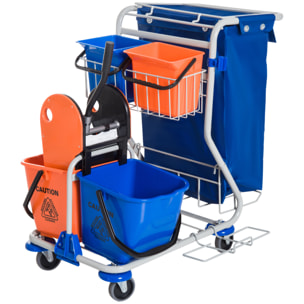 Carro de Limpieza Profesional con Doble Cubo Extraíble de 18 Litros Escurridor de Prensa 2 Cubetas Auxiliares y Bolsa de Basura 93x70x97 cm Azul y Naranja