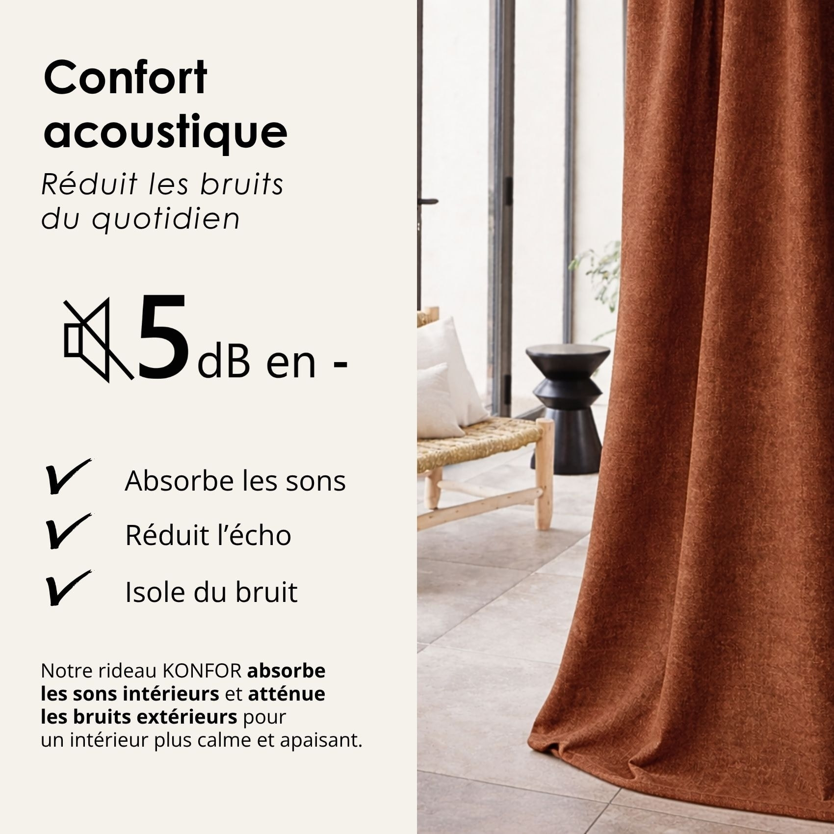 Rideau thermique phonique et semi occultant à galons fronceurs KONFOR - Marron Clair