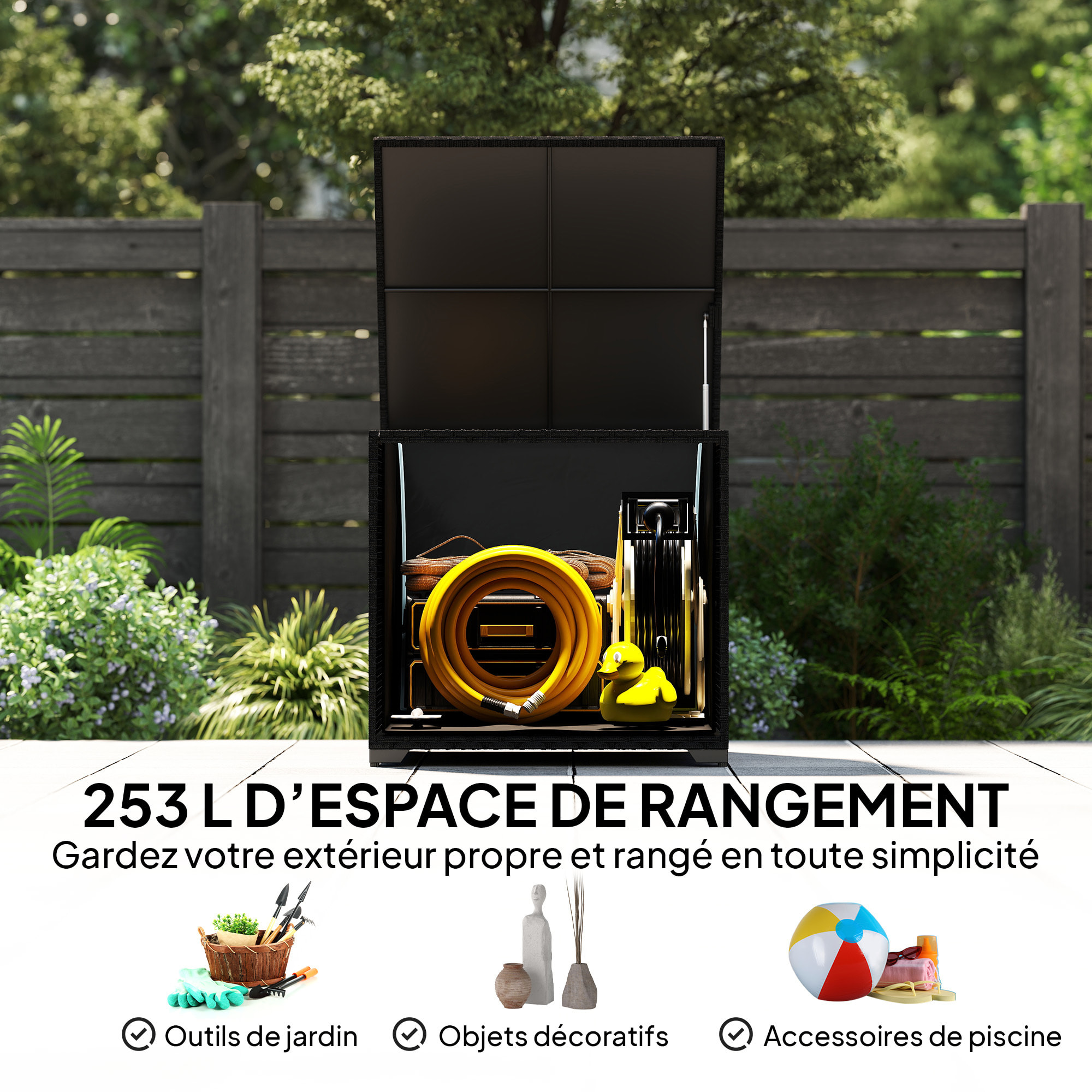 Coffre de jardin résine tressée 253L doublure zippée vérin pneumatique noir