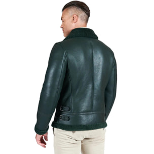 Montone Shearling verde biker uomo collo camicia con fibbia