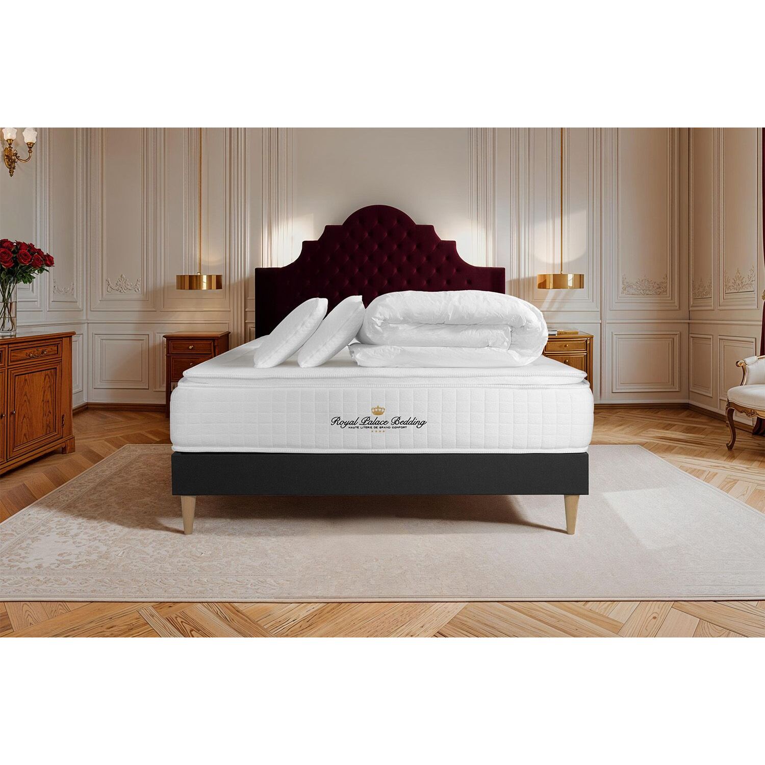 Pack George V + Sommier tapissier en kit cm d'épaisseur - Matelas à Ressorts ensachés et mémoire de forme de 28cm d'épaisseur