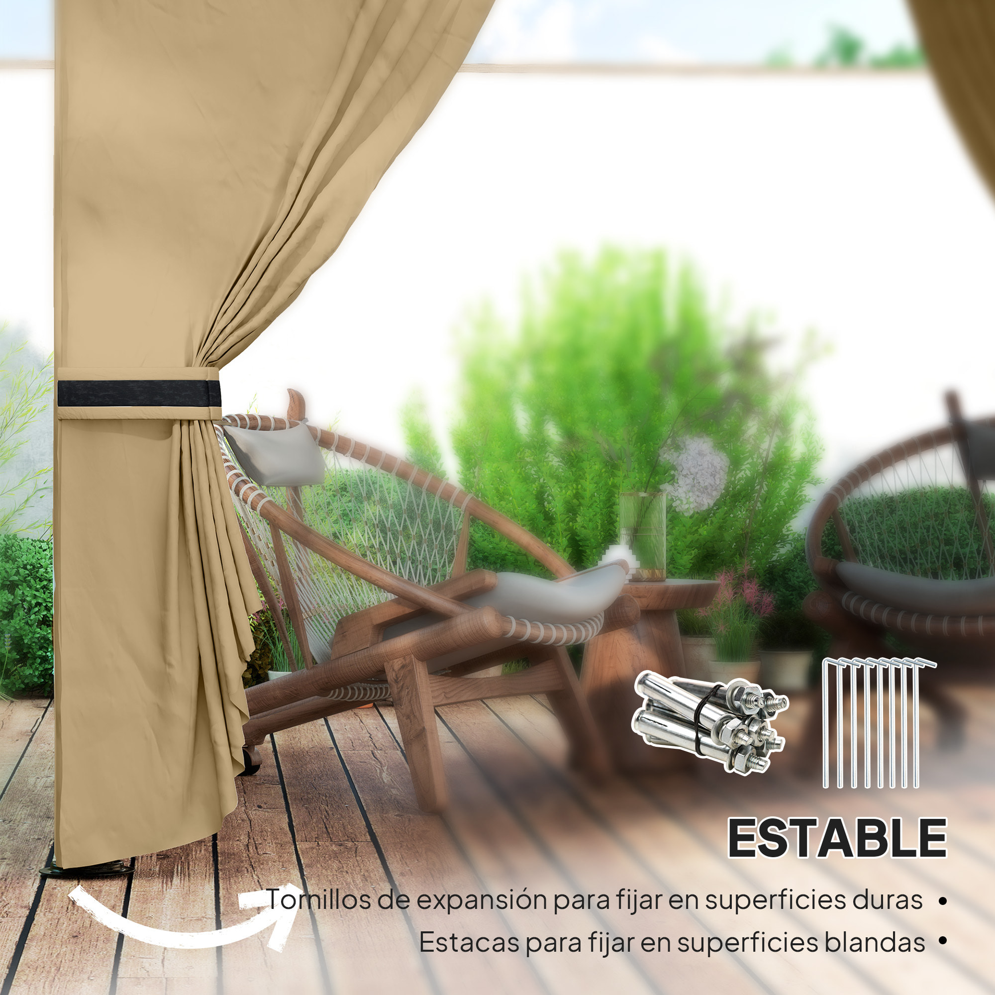 Cenador para Jardín 3,4x3,4 m Pérgola de Jardín Gazebo con Doble Techo Paredes Laterales Anti-UV y Ventanas Carpa para Exterior Terraza Patio Beige