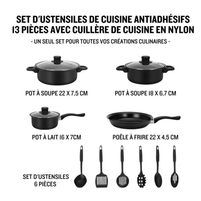 Batterie de cuisine 13 pieces avec cuilliere Noir Herzberg HG04241