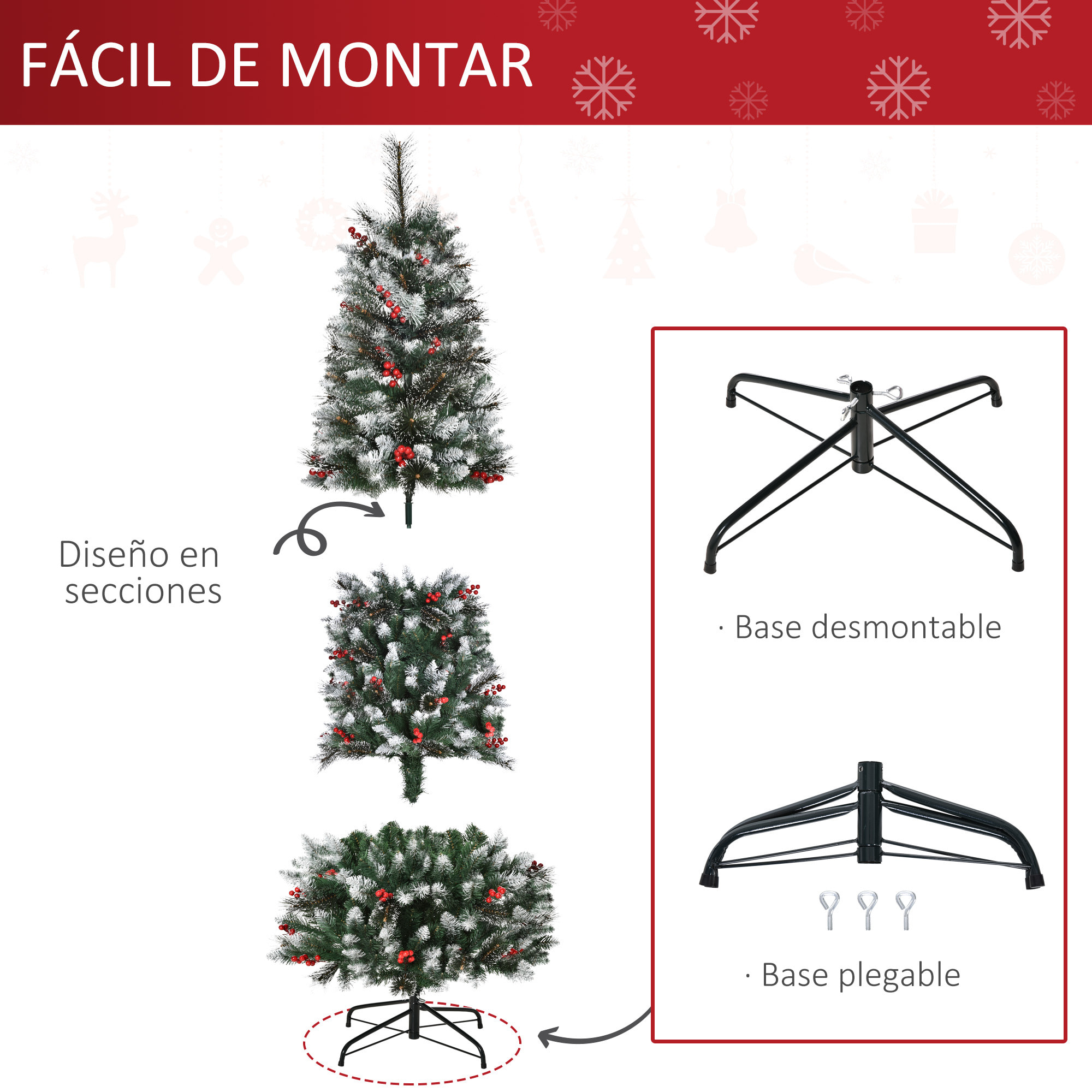 HOMCOM árbol de Navidad Artificial con Nieve 180 cm Ignífugo con 539 Ramas 51 Bayas Hojas de PVC Base Plegable y Soporte Metálico Decoración Navideña para Interiores Verde