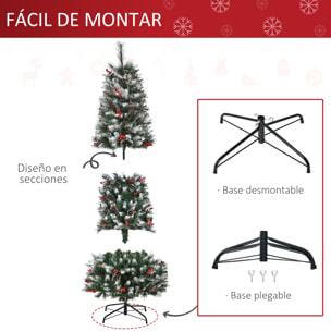 HOMCOM árbol de Navidad Artificial con Nieve 180 cm Ignífugo con 539 Ramas 51 Bayas Hojas de PVC Base Plegable y Soporte Metálico Decoración Navideña para Interiores Verde
