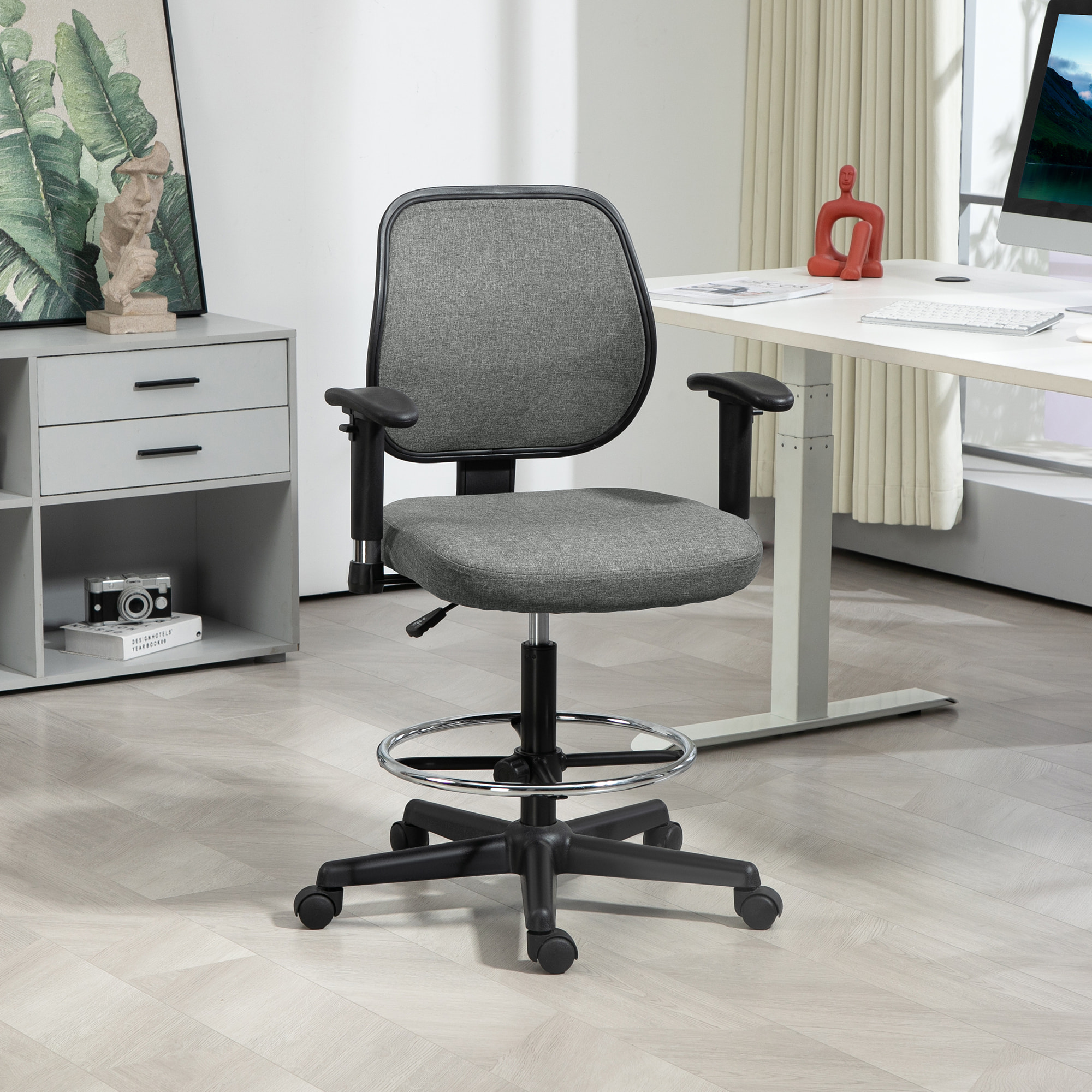 Chaise de bureau assise haute réglable accoudoirs réglables pivotante 360° tissu gris chiné