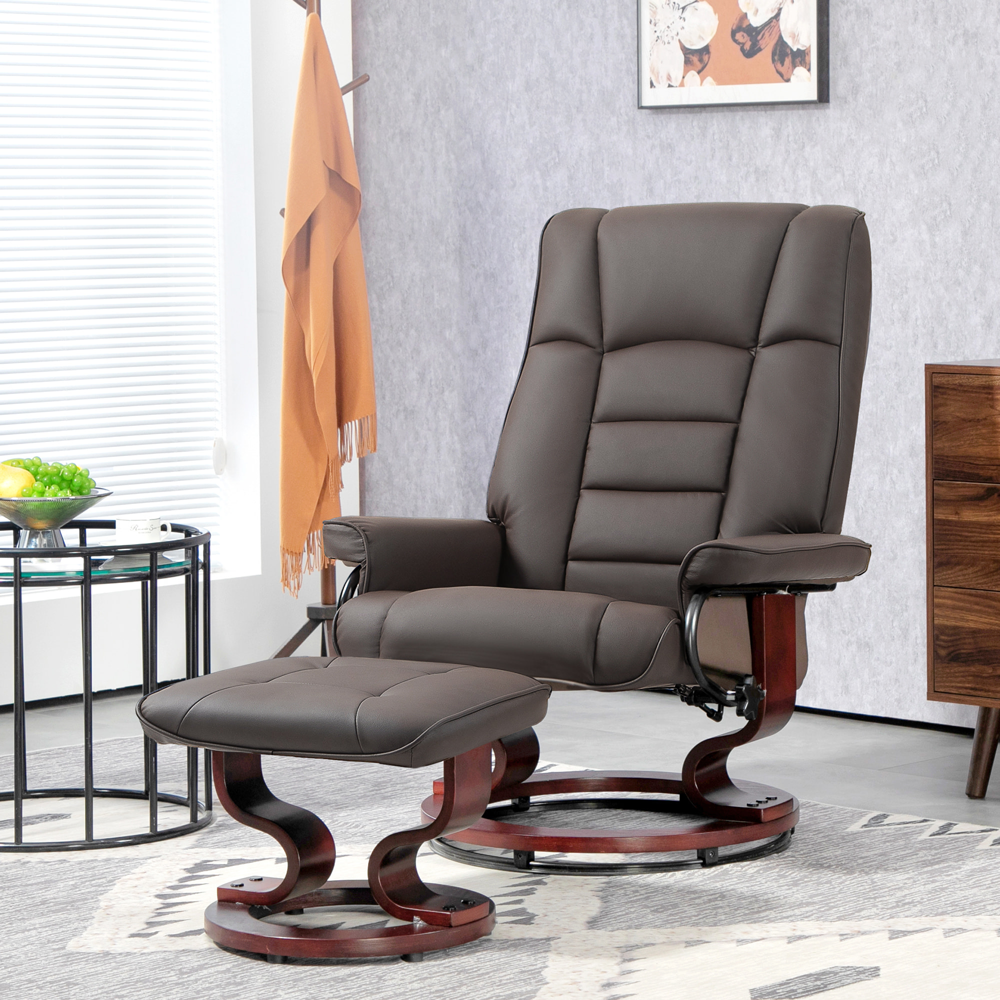Fauteuil relax inclinable pivotant réglable avec repose-pied bois revêtement synthétique chocolat
