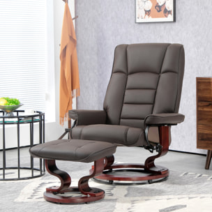 Fauteuil relax inclinable pivotant réglable avec repose-pied bois revêtement synthétique chocolat
