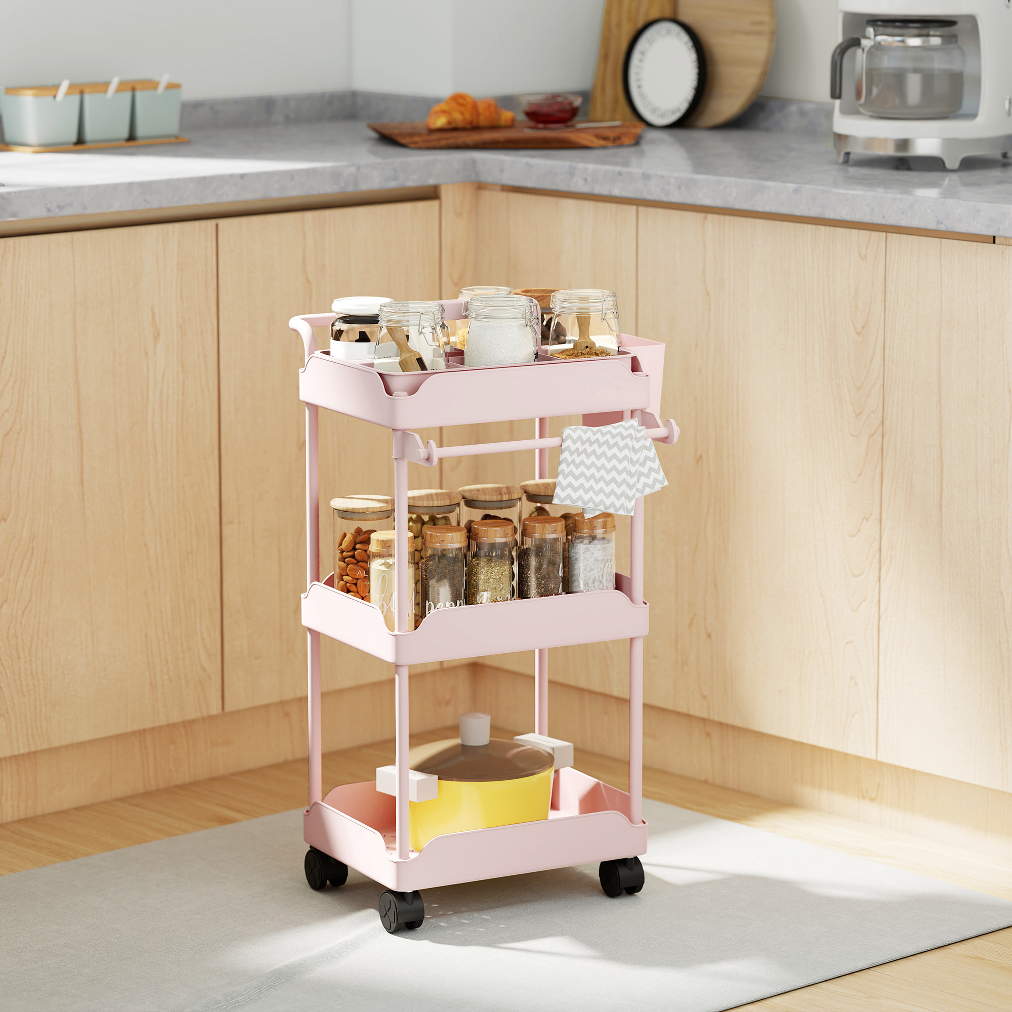 Carrito Auxiliar con Ruedas de 3 Niveles, Carrito de Cocina con Cestas Extraíbles, Ruedas con Freno, Soporte para Toallas y Marco de Metal, Carro de Servicio para Comedor, Salón, Baño, Rosa