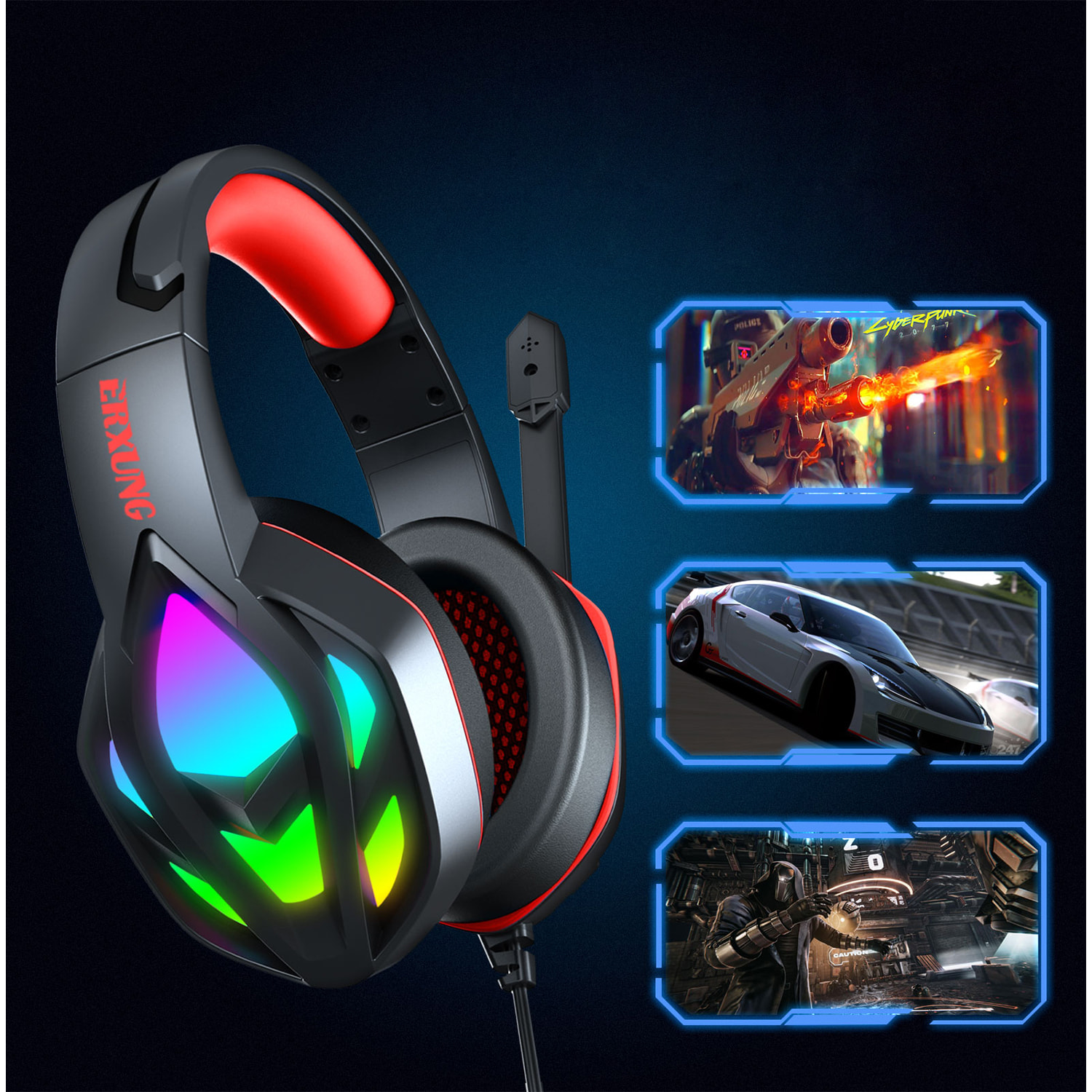 Headset H1003 Ultra-Flexible Premium .10 luces FULL RGB. Auriculares gaming con micro, conexión minijack para PC, portátil, PS4, Xbox One, móvil, tablet.