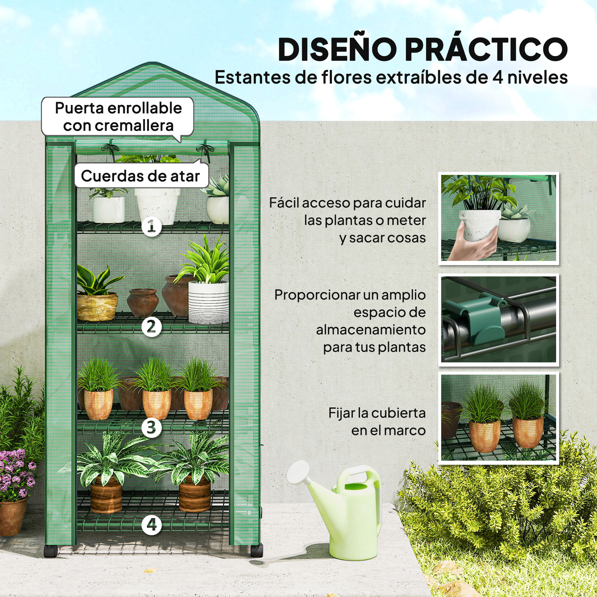 Invernadero de Exterior con 4 Estantes y Ruedas, Invernadero de Jardín con Puerta Enrollable, Marco de Acero y Cubierta PE 140g/Ã£Å½Â¡ Anti-UV, Impermeable para Terraza, Patio, 69x50x165 cm, Verde