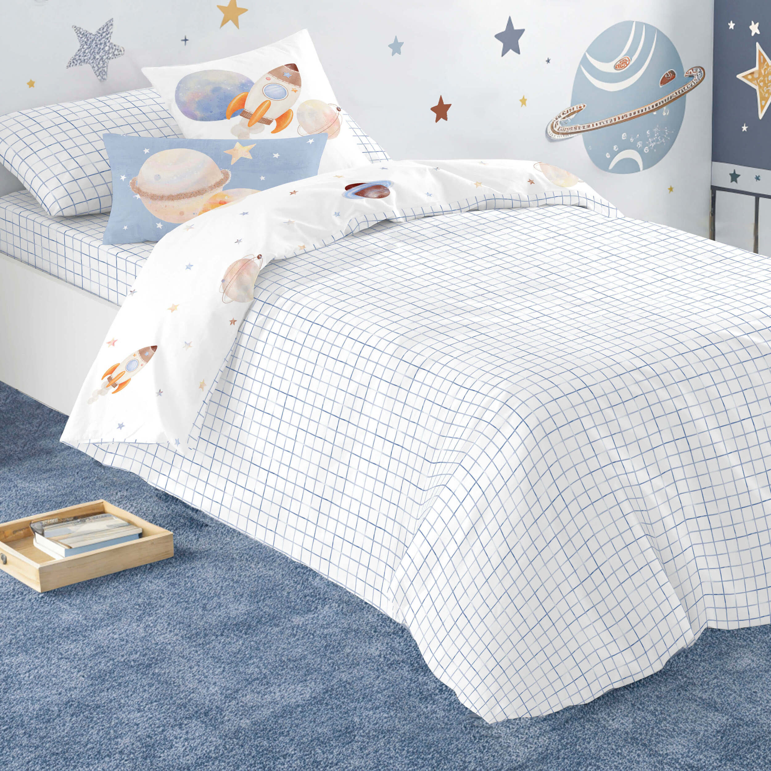 Cool Kids - Funda Nórdica Estampada - Reversible - Infantil - Cierre Solapa - 100% Algodón - Incluye 1 Funda de Almohada - Astro