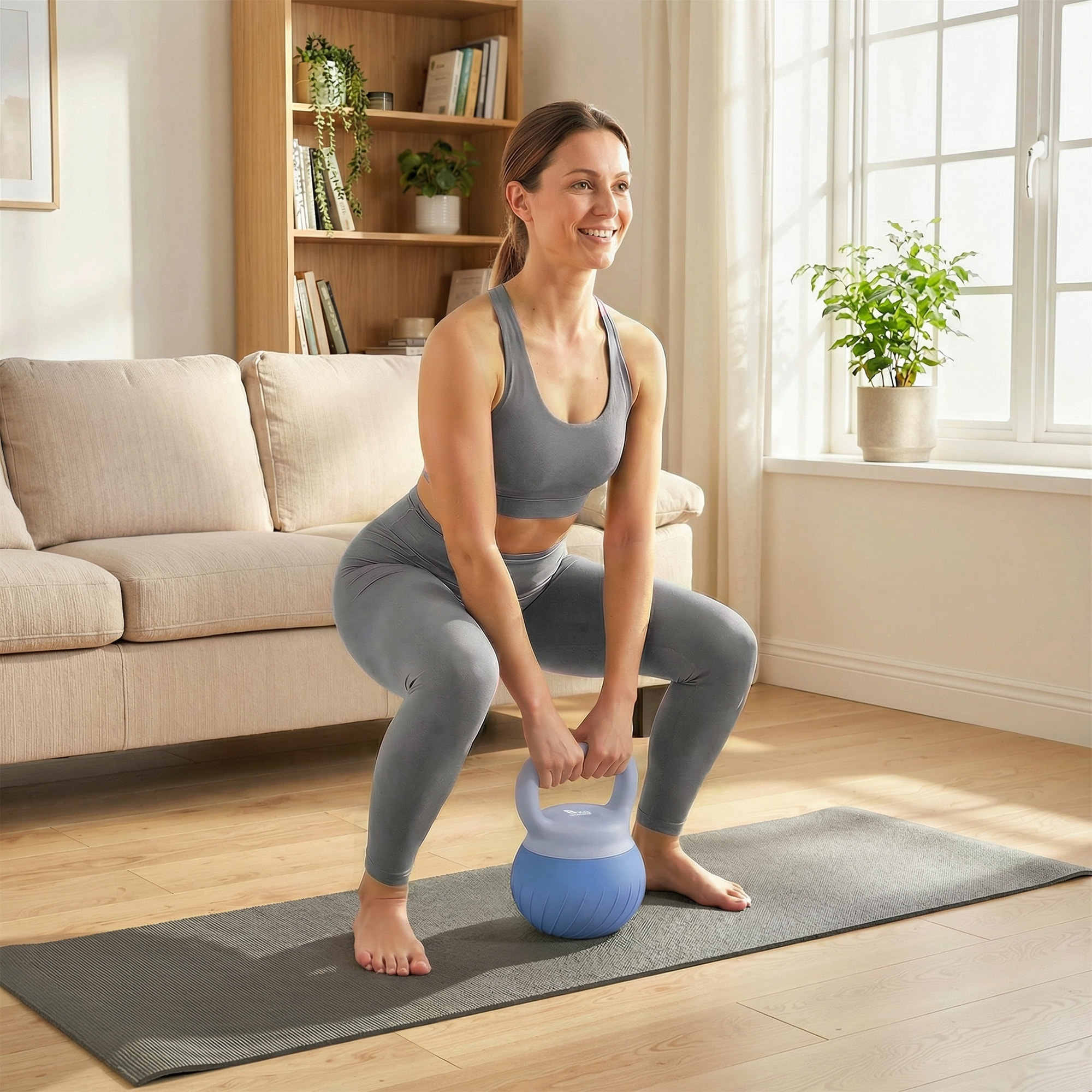 Kettlebell  8 Kg - poignée ergonomique antidérapante - revêtement souple - bleu