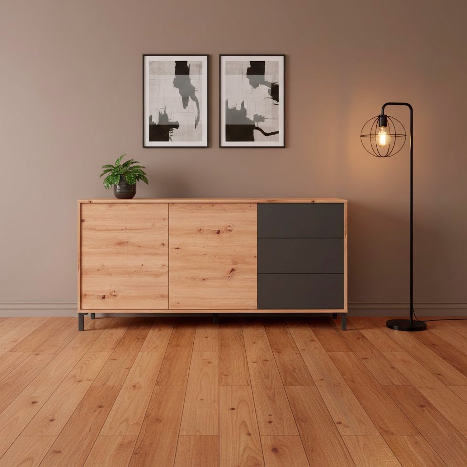 Credenza Industriale Moderna Con 2 Ante E 3 Cassetti Madia Mobile Contenitore Salvaspazio Soggiorno Sala Pranzo 74x154x41 Cm Rovere e Grigio Antracite