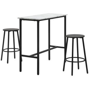 Juego de Mesa de Comedor Mesa Alta de Bar con 2 Taburetes Redondo 3 Piezas Marco de Acero Estilo Moderno para Cocina Salón Blanco y Negro