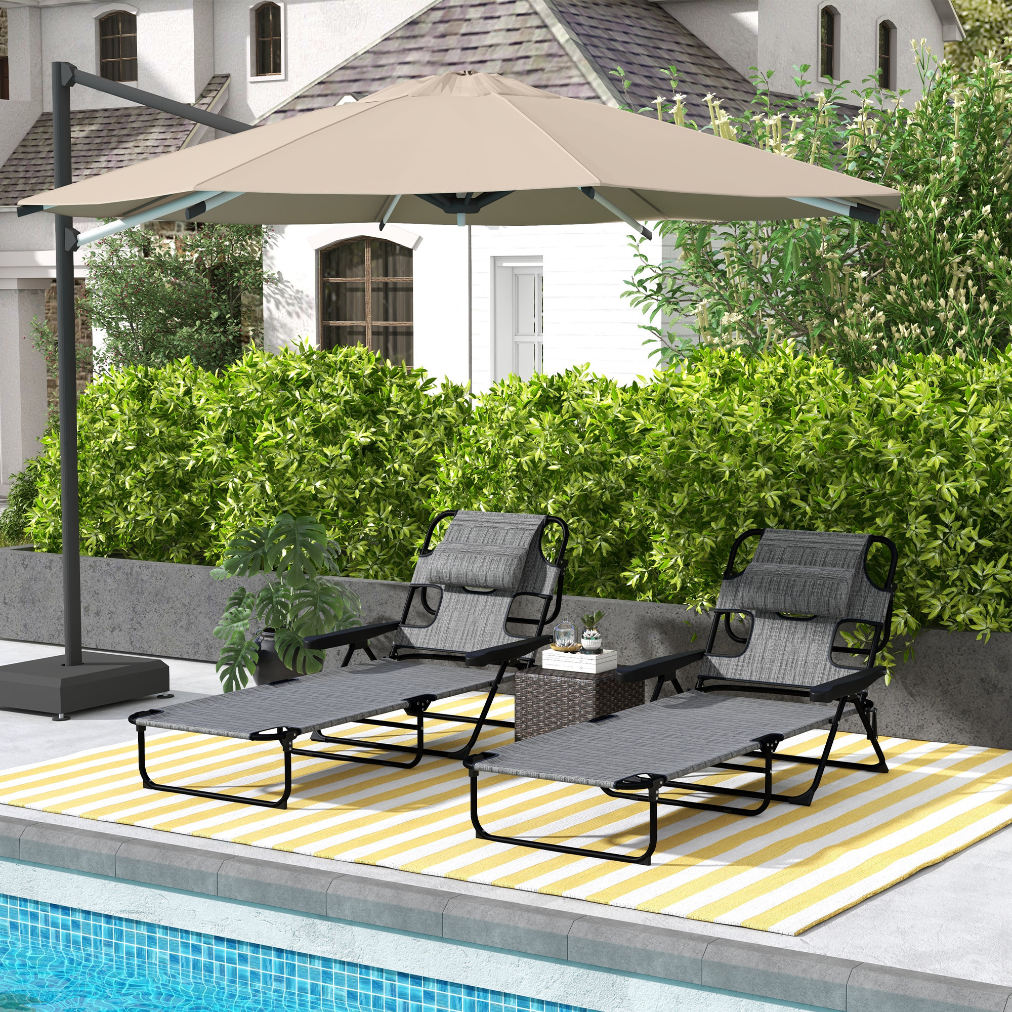 Conjunto de 2 Tumbonas Plegables Tumbonas de Jardín con Respaldo Ajustable en 4 Niveles Orificio de Lectura y Reposacabezas para Terraza Piscina 194x72x31 cm Gris