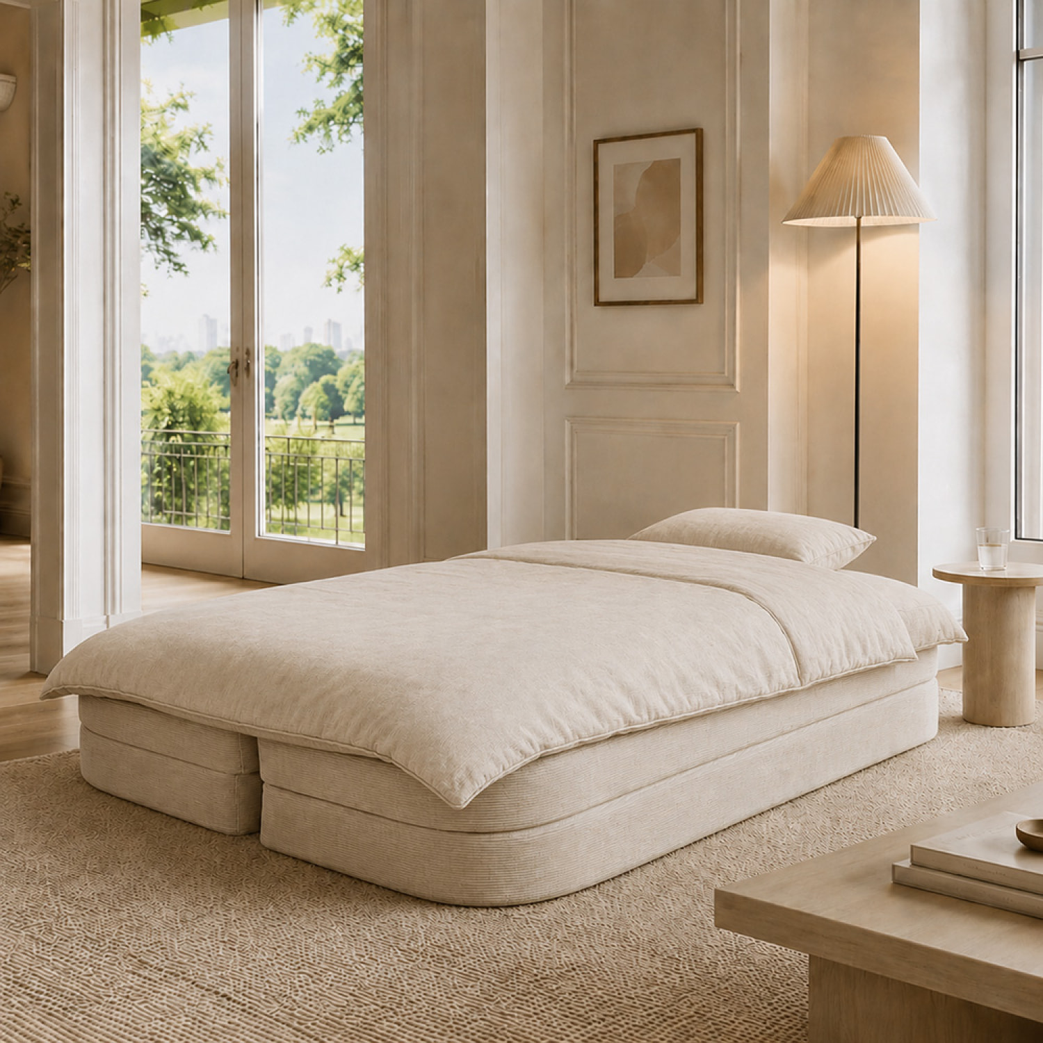 Canapé compressé convertible + couette en velours côtelé beige ROSTOCK