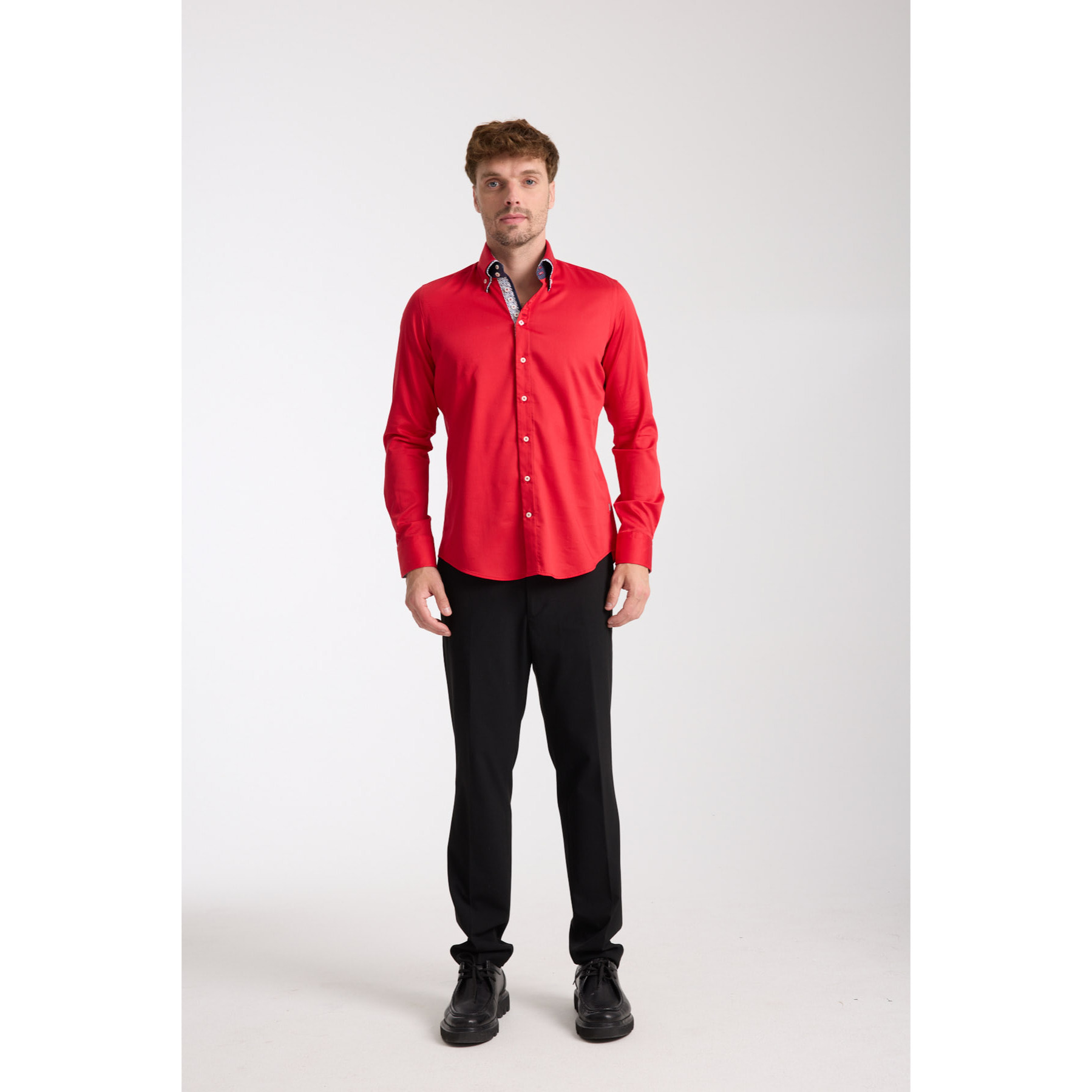 Camicia Uomo 2 Bottoni Button Down 7bottoni Doppio Coll Satin Unito Rosso