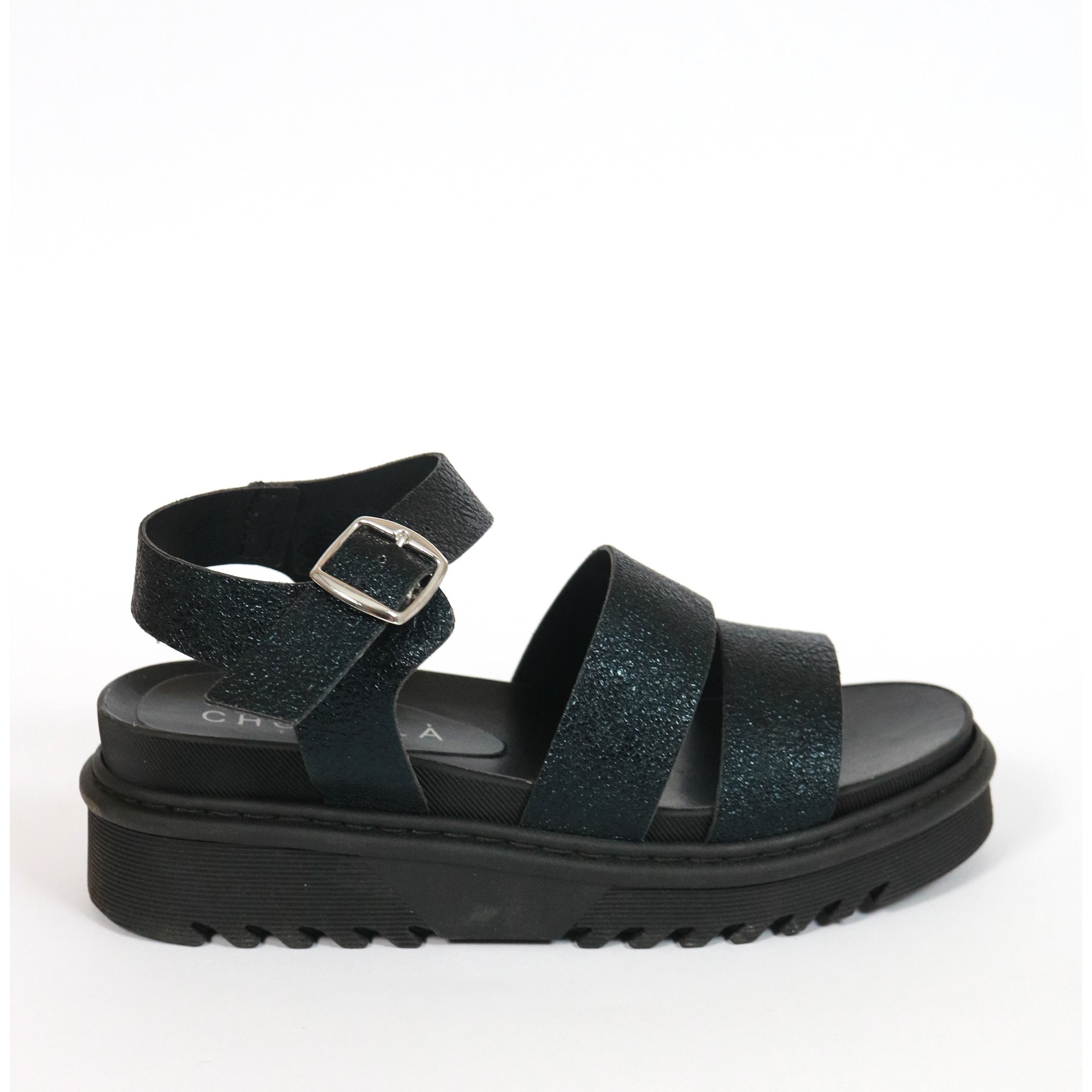 SANDALO FLATFORM TRE FASCE CHOCOLA' BLU