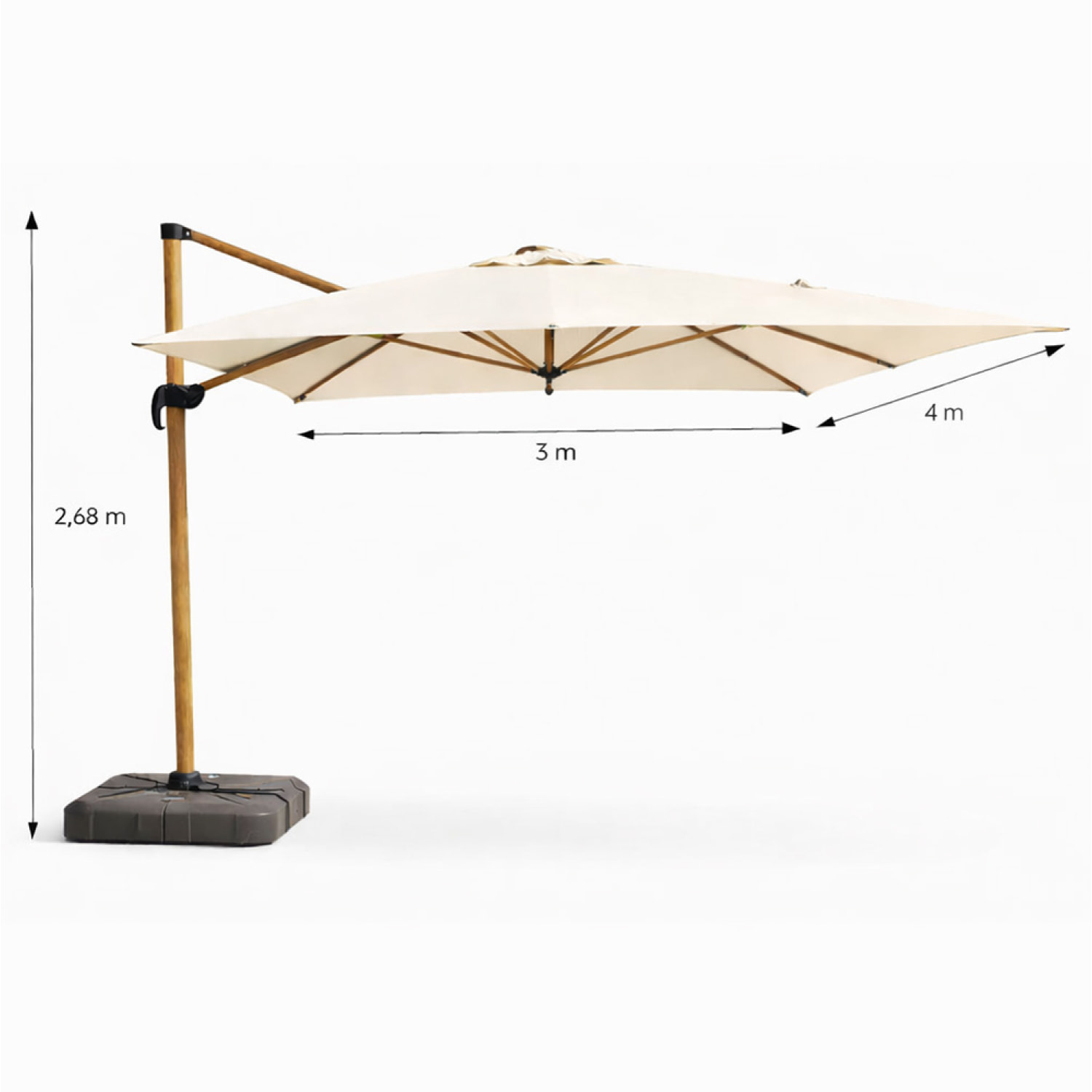 Parasol rectangulaire 3x4m déporté rotatif écru pied effet bois en aluminium NAVIA