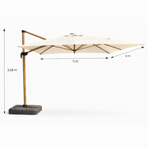 Parasol rectangulaire 3x4m déporté rotatif écru pied effet bois en aluminium NAVIA