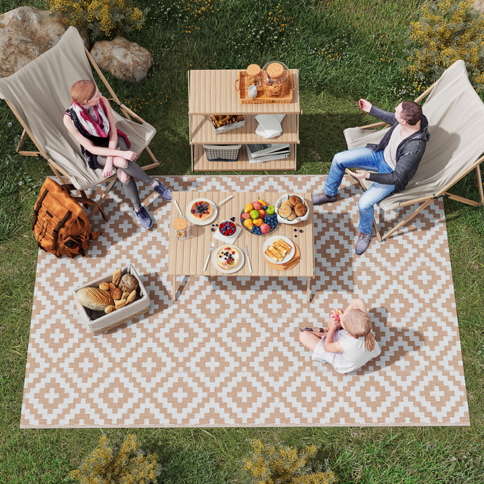 Alfombra de Exterior 182x274 cm Alfombra Reversible con Patrón Geométrico de Rombos Impermeable para Terraza Balcón Patio Camping Playa Blanco y Café