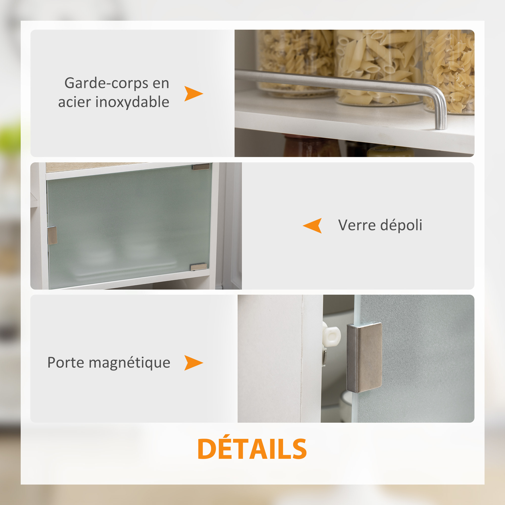 Desserte de cuisine style contemporain - 3 étagères, niche, porte verre, tiroir - blanc effet bois naturel