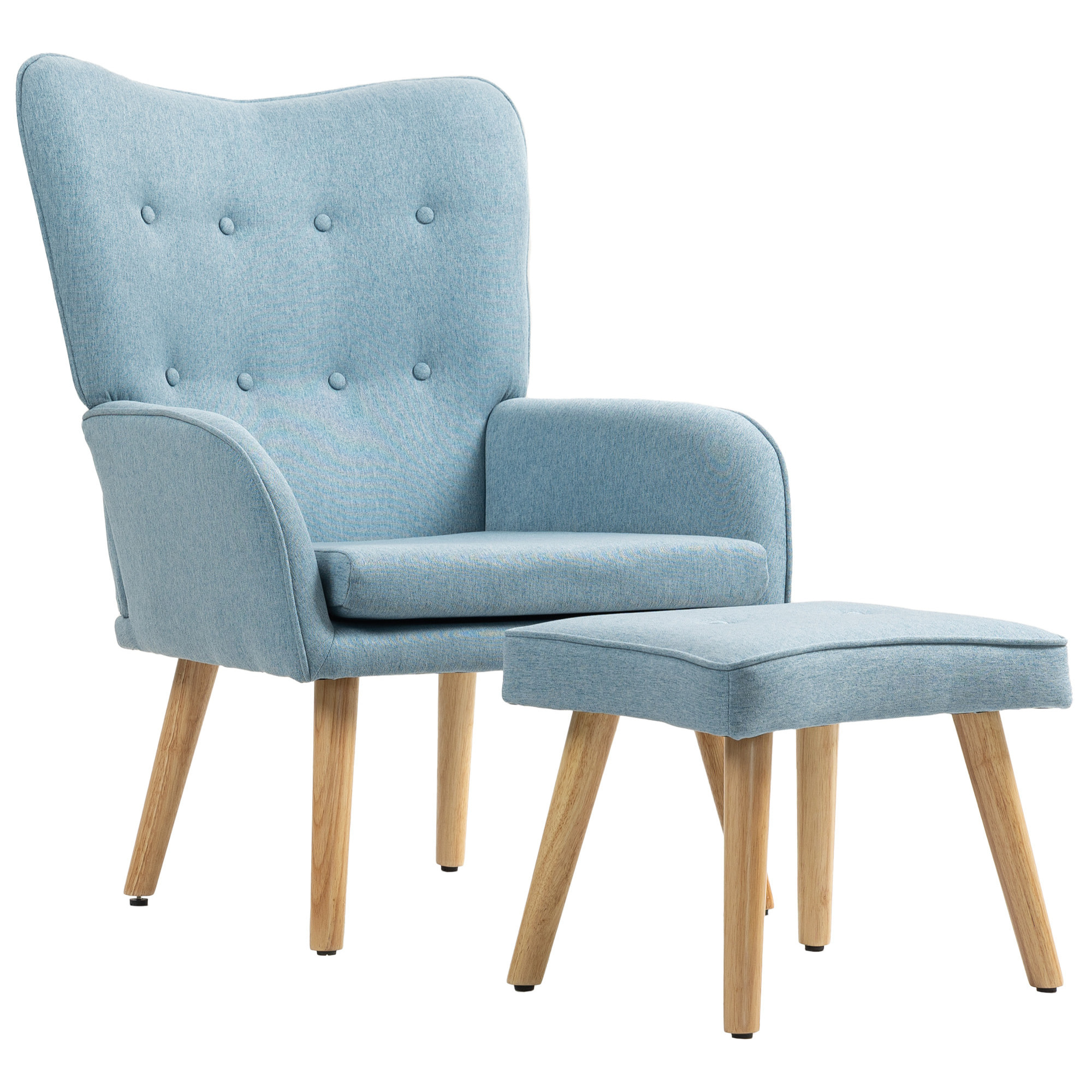 Sillón con Reposapiés Sillón Lectura con Respaldo Alto Capitoné Patas de Madera y Tapizado en Lino Butaca para Salón Dormitorio Oficina Azul Claro