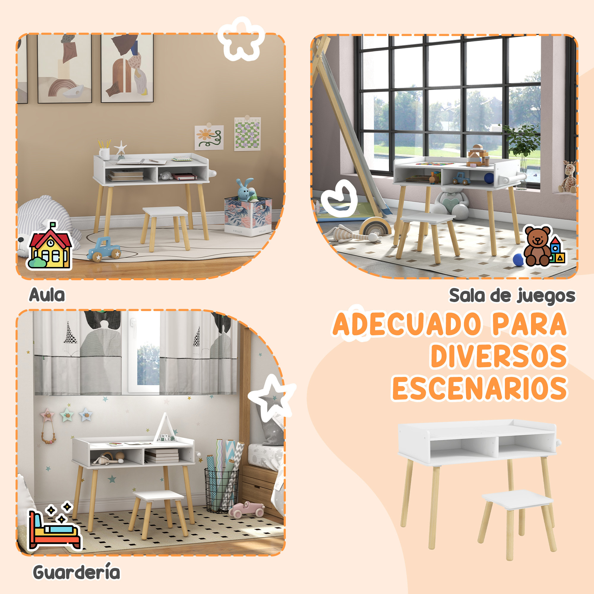 Juego de Mesa y Silla Infantil Mesa para Niños con Tablero de Bloques de Construcción y Rollo de Papel para Jugar Dibujar en Guardería Sala de Juegos Blanco