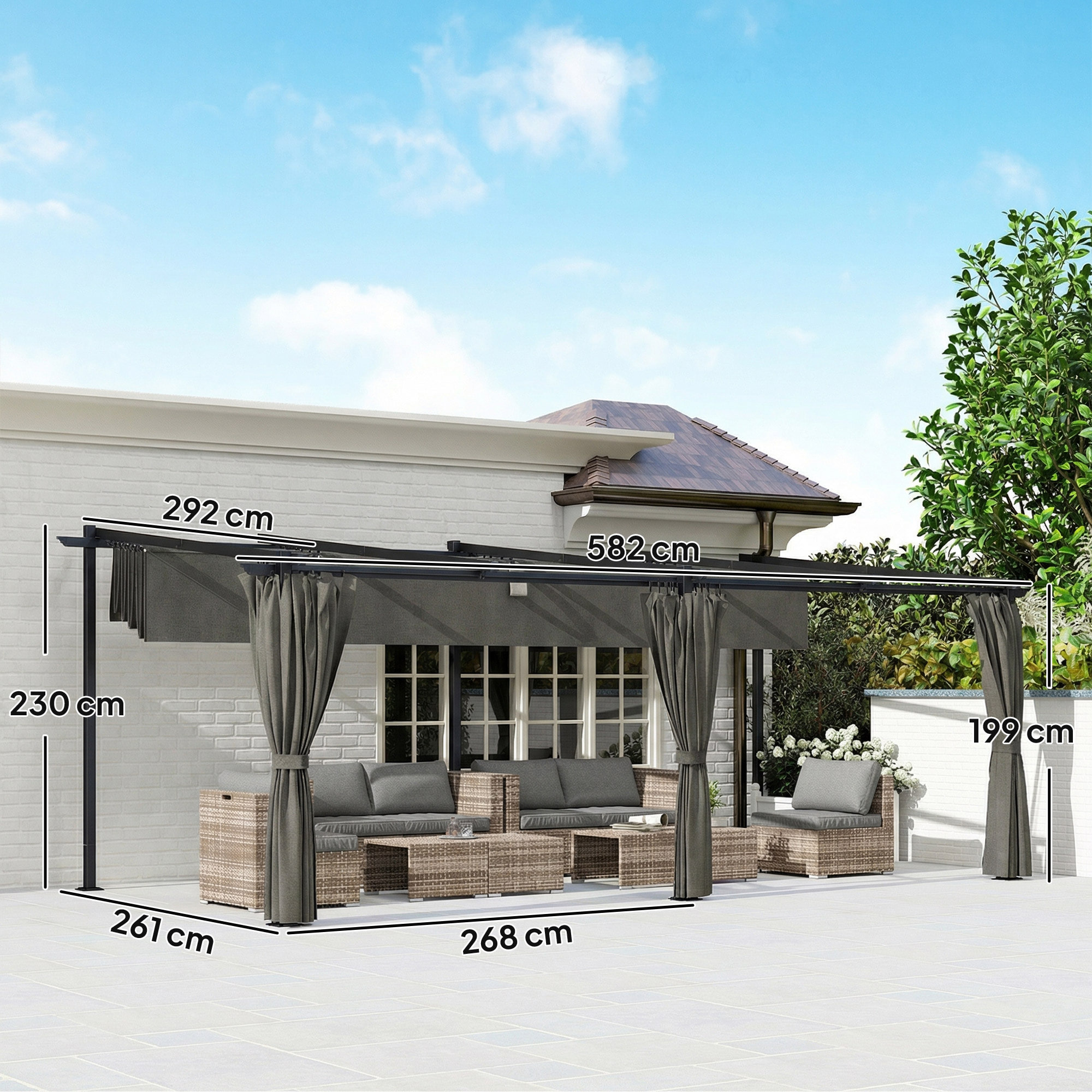 Pergola coulissante rétractable 3 x 6 m 4 rideaux latéraux amovibles alu métal toile anthracite