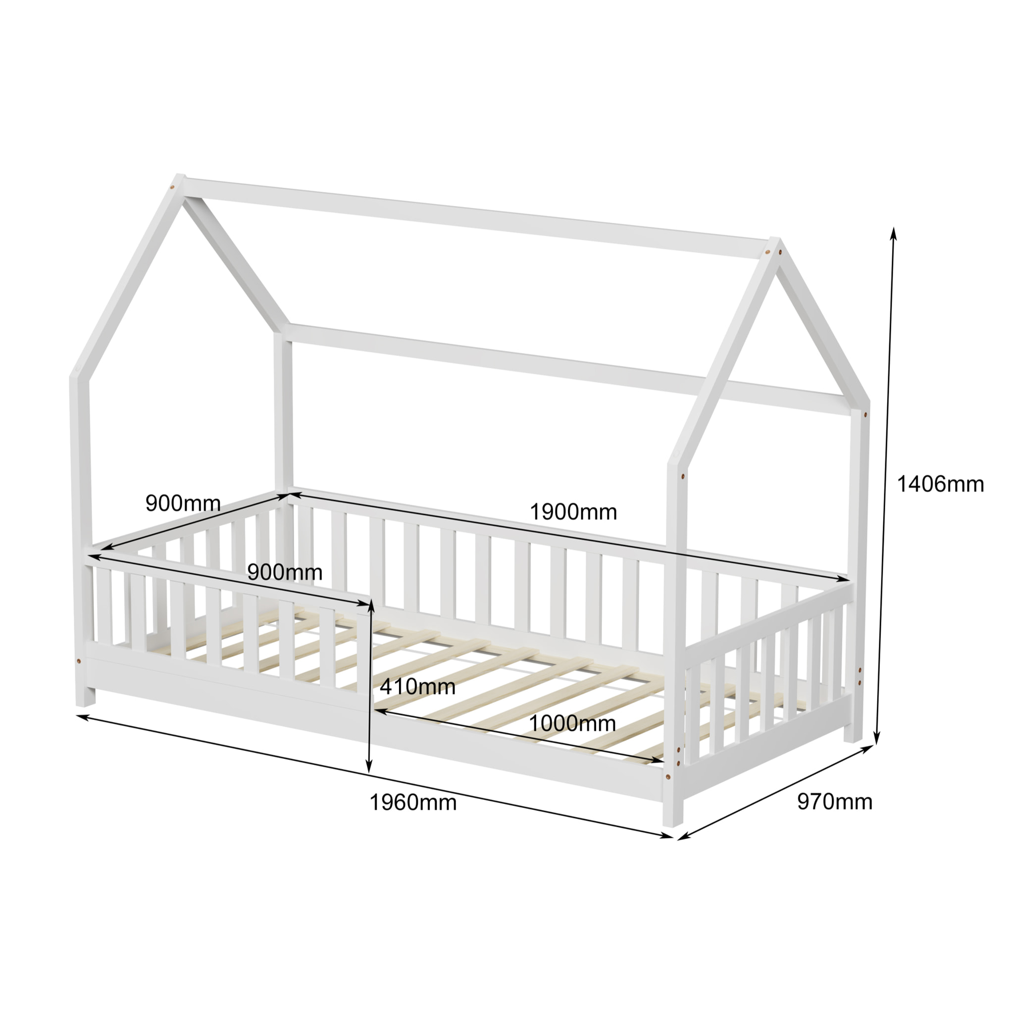 Lit Cabane Tchoupi 90 x 190 cm, Blanc, Bois de Pin Naturel, avec barrières latérales de sécurité