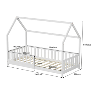 Lit Cabane Tchoupi 90 x 190 cm, Blanc, Bois de Pin Naturel, avec barrières latérales de sécurité